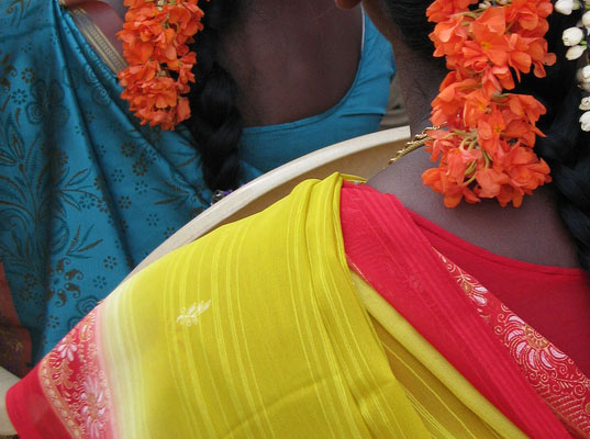 colorful textiles women in saris