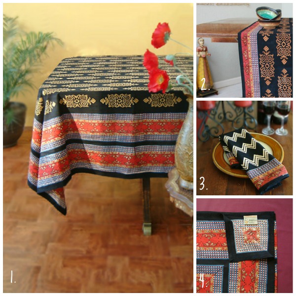 kilim pattern tablecloth, napkins, table runner