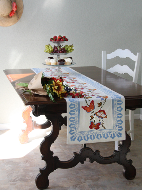 Blue and white french country butterfly table runner