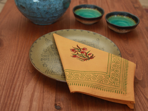 indian summer yellow and orange cotton napkins Hand printed gold table napkins
