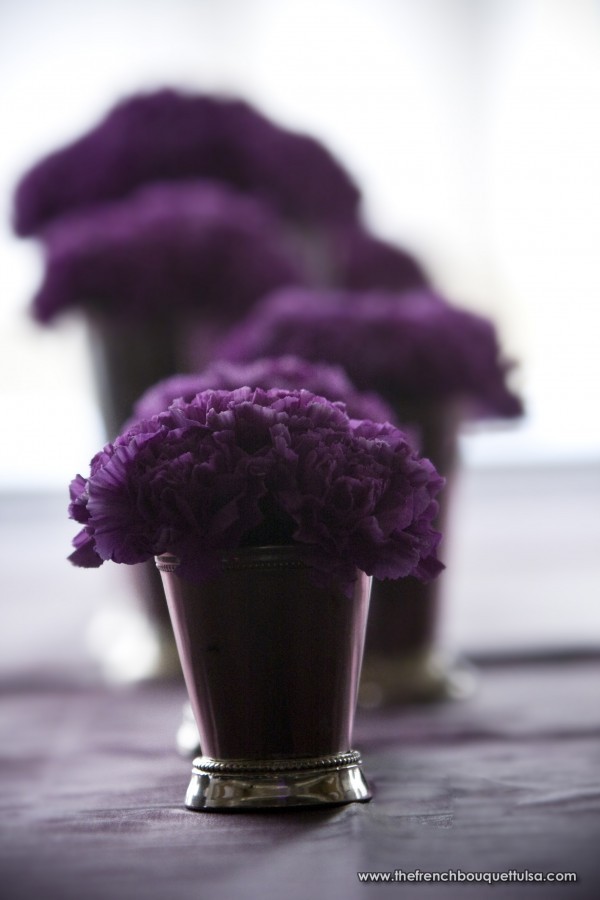 Small-Purple-Carnations-in-Dainty-Silver-Vases-for-Floral-Centerpiece-Arrangement-The-French-Bouquets-Petite-Fleur-Laura-Vogt-Photography purple centerpiece