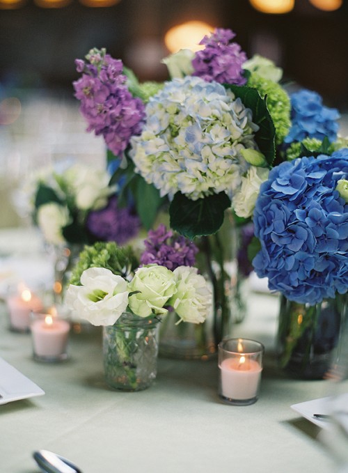hydrangea centerpieces purple and green decor