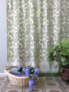 green and white paisley shower curtain