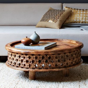 Carved wood coffee table, West Elm