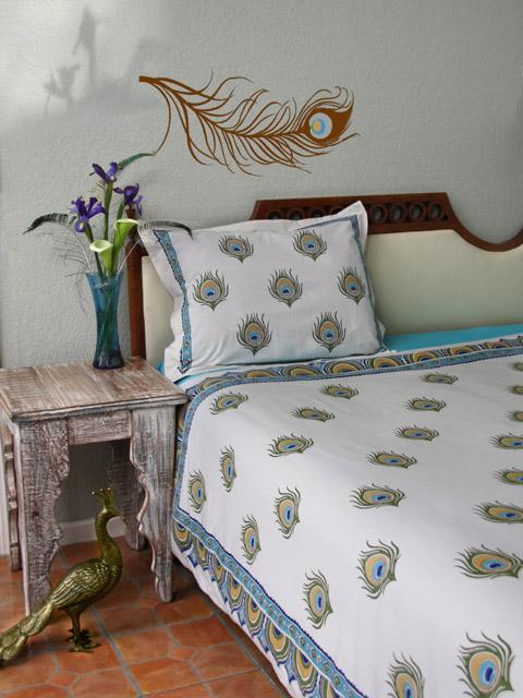 Dance O Peacock Ivory Peacock Feather Print Queen Duvet Cover 15999