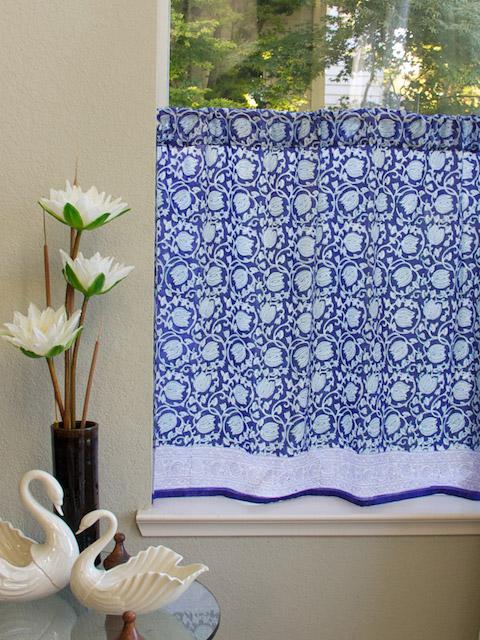 Midnight Lotus ~ Unique Asian Blue Floral Kitchen Curtain
