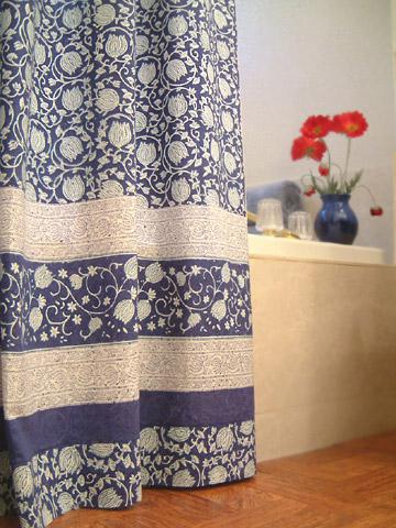 Midnight Lotus ~ Unique Asian Floral Blue Fabric Shower Curtain