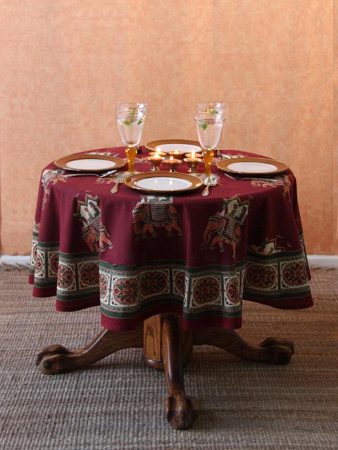Maharaja ~ Burgundy Red Royal Elephant Holiday Round Tablecloth