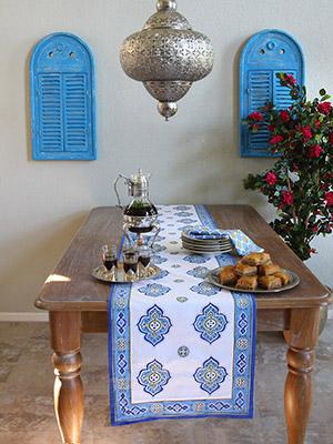 Casablanca Blues - White ~ Moroccan Quatrefoil Table Runner