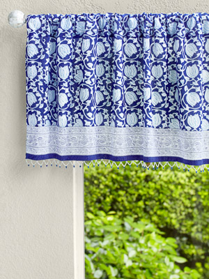Midnight Lotus ~ Blue Beaded Window Valance Curtains Treatments