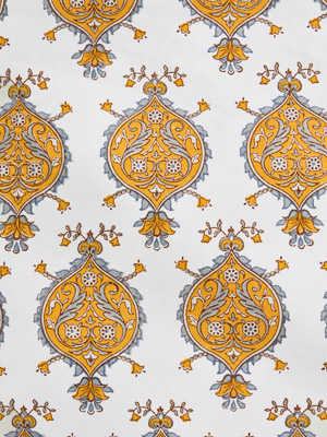Versailles ~ White Fabric With Grey and Gold Medallion Print