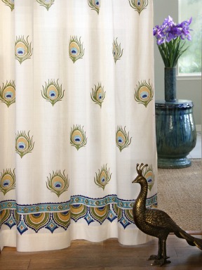 Ivory Peacock Feather Print India Curtain Panel