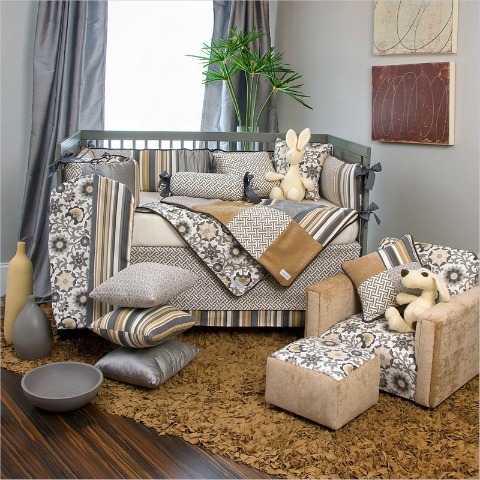 gray, taupe, ivory gender neutral crib bedding 