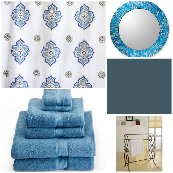 A blue white Casablanca bath with a mosaic mirror, sky blue towels and a wrought iron towel holder