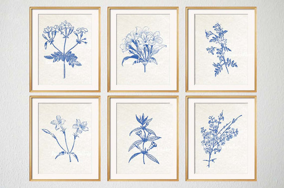 blue botanical prints with blue floral patterns