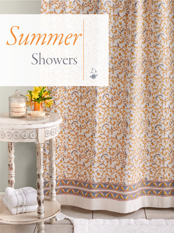 Featured image of a yellow gold and white shower curtain with overlaid text that reads 'summer showers'