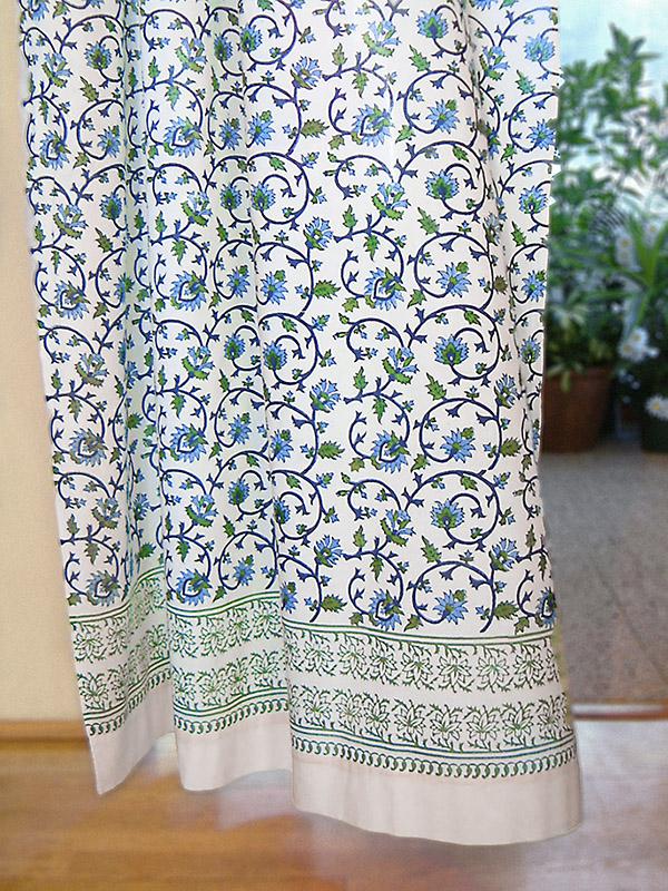 coastal curtains with blue white and green botanical print