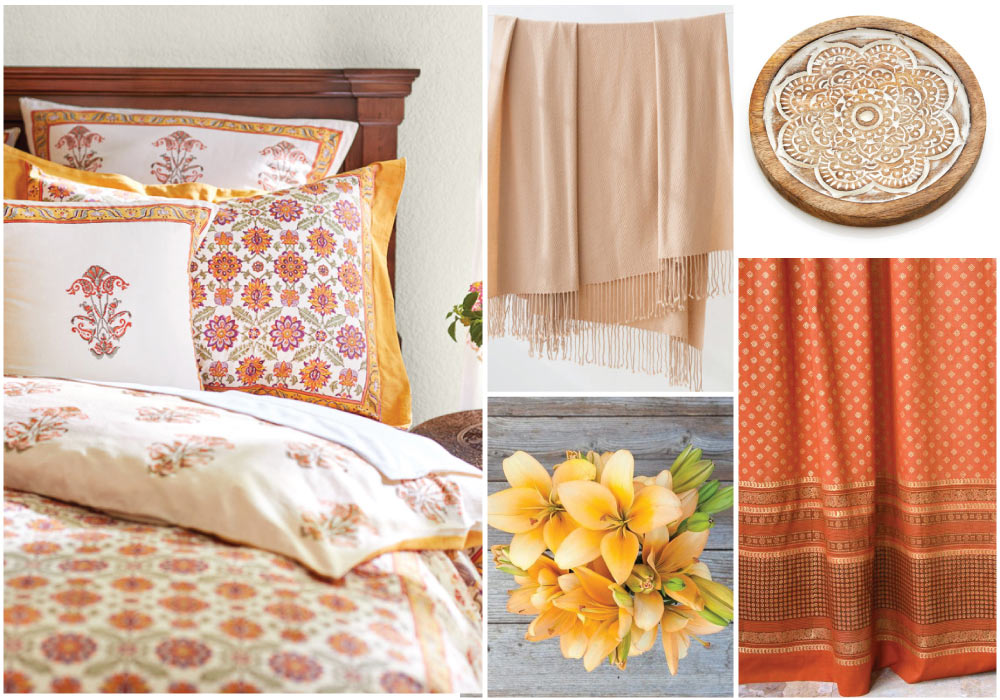 collage of ideas on decorating with orange curtains, orange flowers, orange blanket, and orange decor