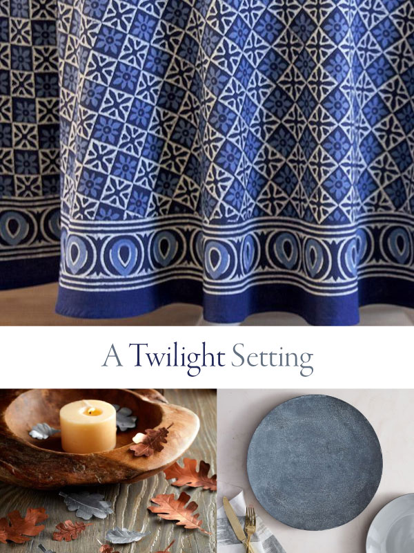 a twilight setting (sign) over a blue tablecloth