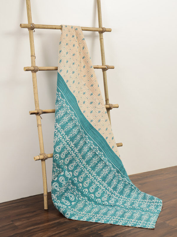 Quilted kantha sari throw in blue and cream