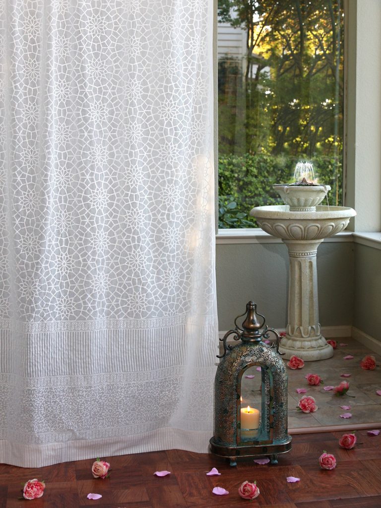white sheer curtain with Moroccan lattice print pattern