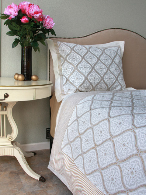 gold and white duvet cover, block printed, fair trade bedding