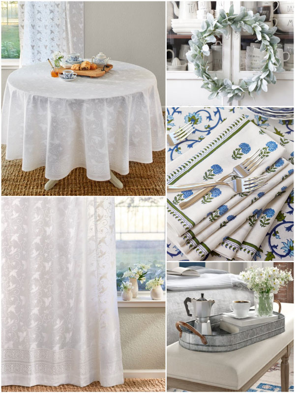 white ivy pattern curtains, tablecloth, and other piece of farmhouse decor
