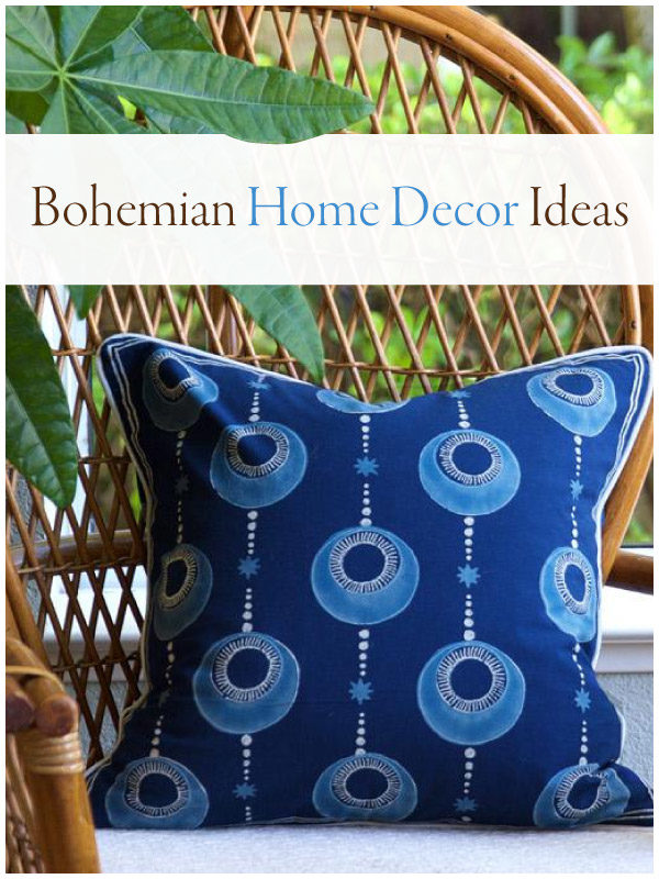 blue boho pillow on wicker chair with banner saying bohemian home decor ideas