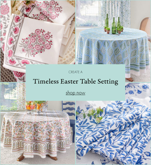 A collage of four tablescapes with overlaid text that reads "Timeless Easter Table Setting Shop Now"
