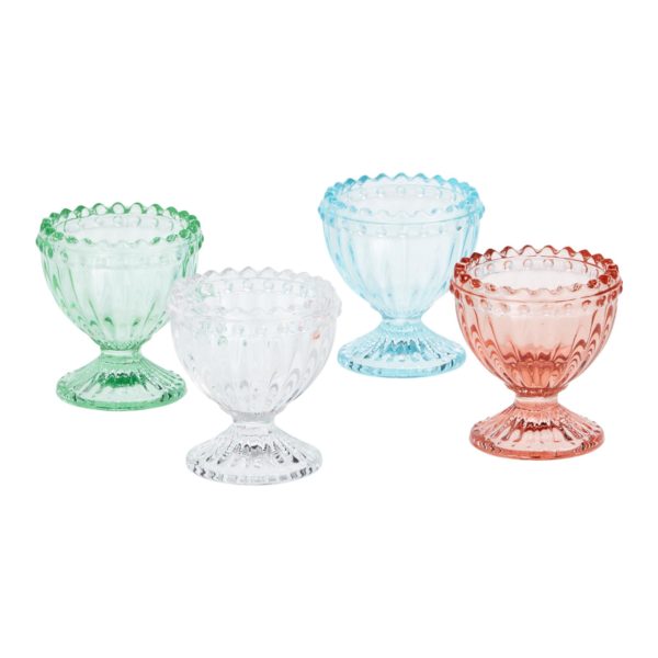 fluted glass egg cup set  in pastel colors of green, blue, and pink for an Easter tablescape