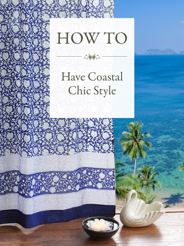 Elegant coastal decor in a blue floral curtain that pulls aside to reveal a spectacular tropical ocean scene.