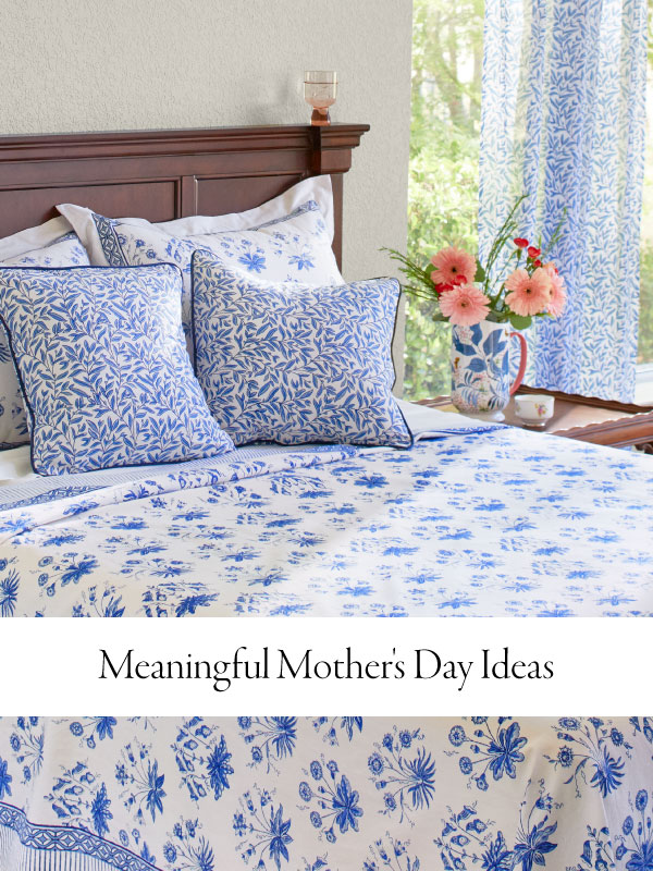 Photograph of a bed with blue and white bedding and overlaid text "Meaningful Mother's Day Ideas"