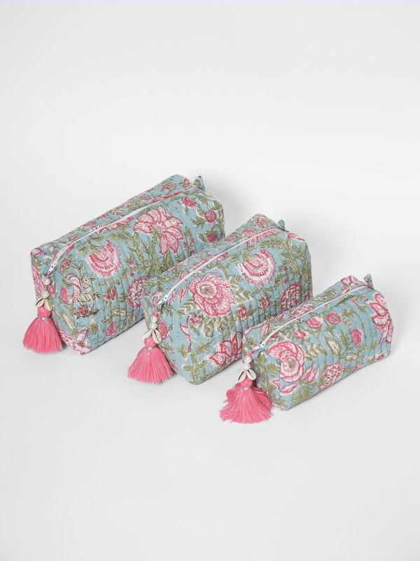 Toiletry makeup bag set of three with floral print in green and pink