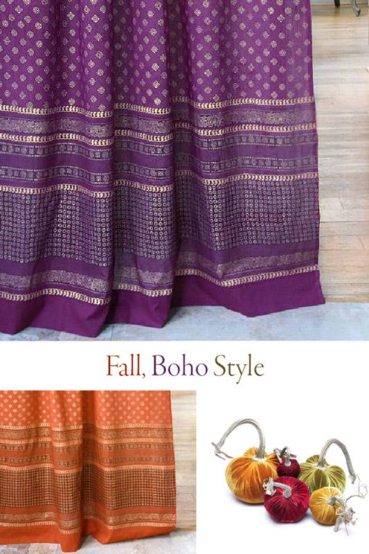 purple curtains and fall boho style decor collage