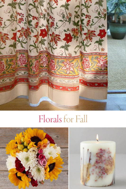 floral curtains, bouquet, and fall floral print candle