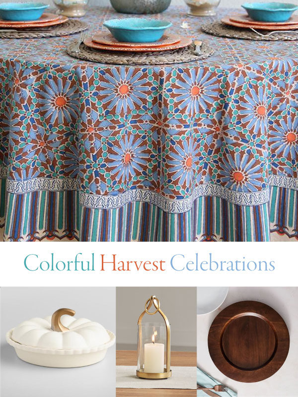 colorful harvest celebrations with tablecloth and pumpkins