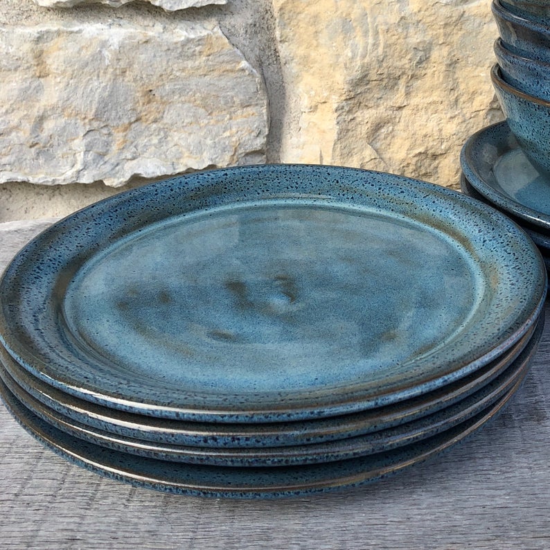 handmade blue pottery glazed fall table setting 