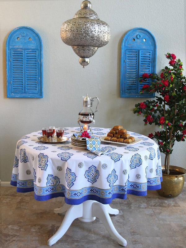 white and blue tablecloth in a Moroccan pattern