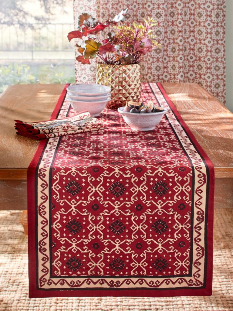 red and black table runner with kilim print