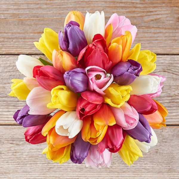 yellow, pink, white, and purple tulips in a stunning bouquet for spring decor