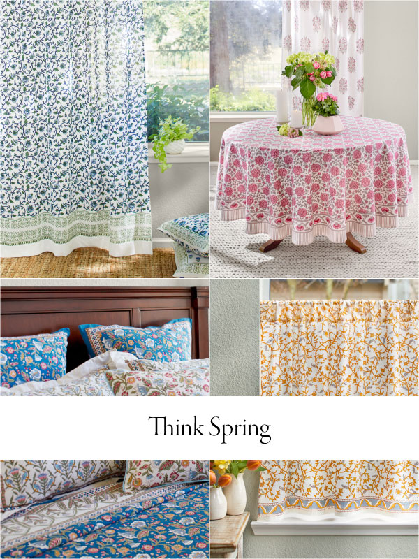 Feature image with text that reads "Think Spring" over four photos of floral linens