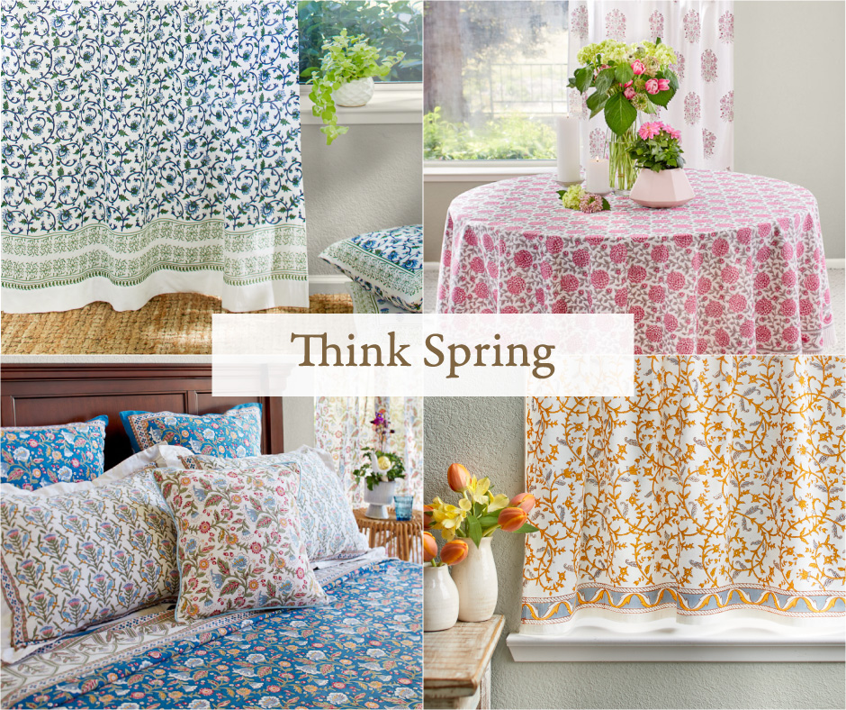 Collage of four floral prints with overlaid text that reads "Think Spring"