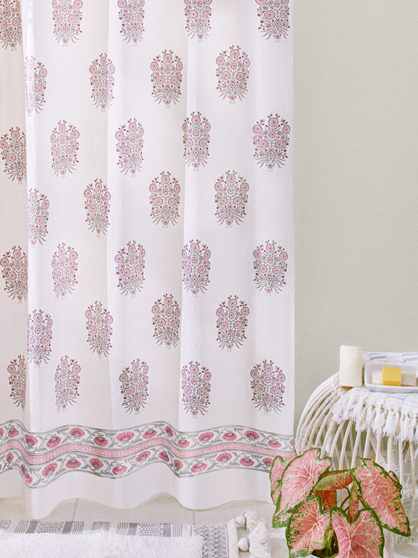 Dahlia Daydreams white and pink fabric shower curtain