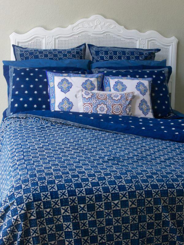 dark blue bedding with batik and star print
