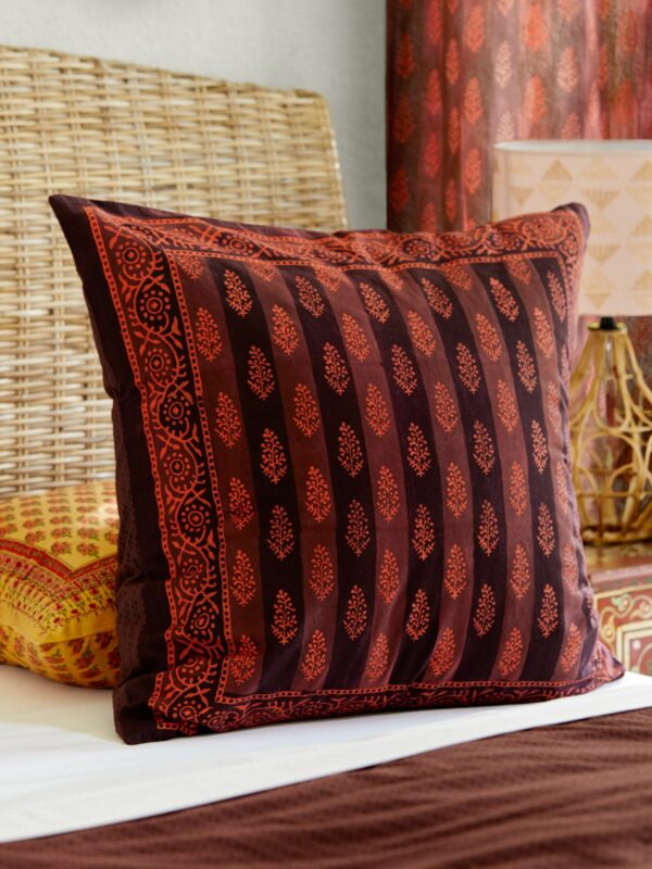 A rich, sumptuous boho chic print in cozy warm colors, featuring alternating stripes of chocolate brown and caramel, delicately adorned with burnt orange mehndi designs.