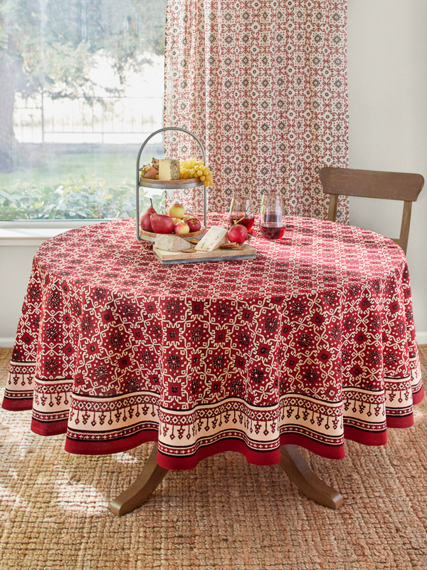 Engagement party ideas using Ruby Kilim, a red, black, and cream Turkish print