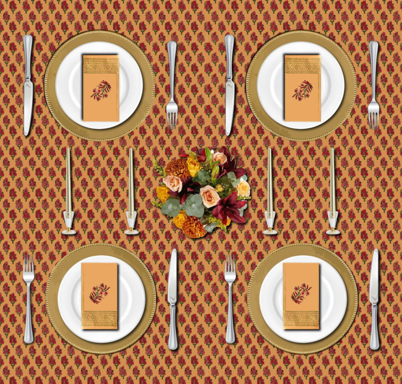 elegant Thanksgiving table settings with red and orange tablecloth