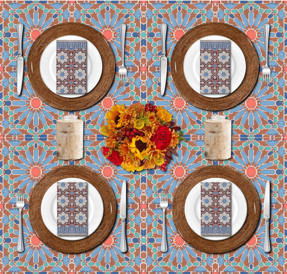 casual Thanksgiving table settings with colorful tablecloth