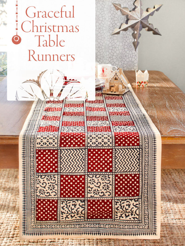 Photograph of a red, black, and ivory elegant Christmas table runner with overlaid text that reads "Graceful Christmas Table Runners"