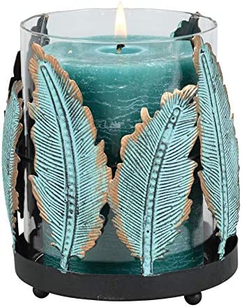 turquoise glass candle holder with feather decor